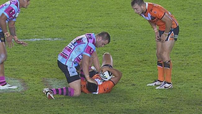 Wade Graham reacts after tackling David Nofoaluma. Graham complained to the referee, saying Nofoaluma bit his ear.