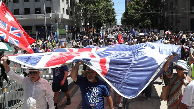 The rally winds its way through Melbourne city streets. Picture: NCA NewsWire / David Crosling