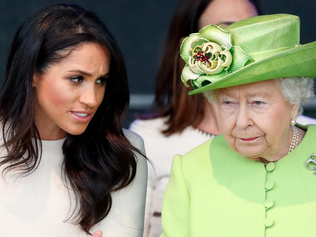 WIDNES, UNITED KINGDOM - JUNE 14: (EMBARGOED FOR PUBLICATION IN UK NEWSPAPERS UNTIL 24 HOURS AFTER CREATE DATE AND TIME) Meghan, Duchess of Sussex and Queen Elizabeth II attend a ceremony to open the new Mersey Gateway Bridge on June 14, 2018 in Widnes, England. Meghan Markle married Prince Harry last month to become The Duchess of Sussex and this is her first engagement with the Queen. During the visit the pair will open a road bridge in Widnes and visit The Storyhouse and Town Hall in Chester. (Photo by Max Mumby/Indigo/Getty Images)