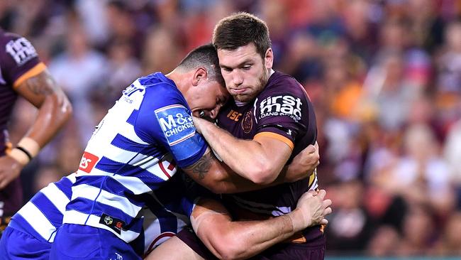 Tom Opacic (being tackled) hasn’t played NRL since June last year. Picture: Getty