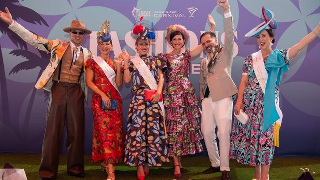 Sherlon Garbo, Rachel Barz, Anggie Wibowo Winner, Allison Harveyand, Alex Maestracci and Sally Martin at the 2024 Darwin Cup Carnival Fashions on Field. Picture: Pema Tamang Pakhrin