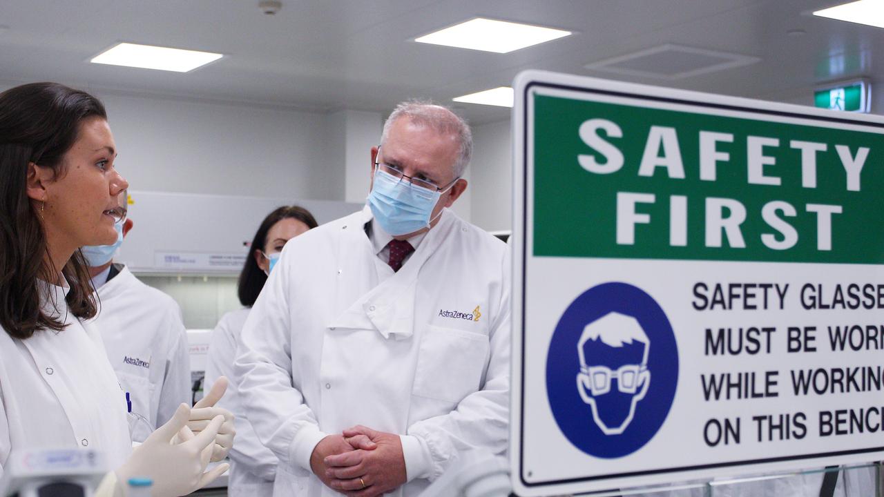 Prime Minister Scott Morrison at the AstraZeneca laboratory in Sydney. Picture: Lisa Maree Williams/Getty Images