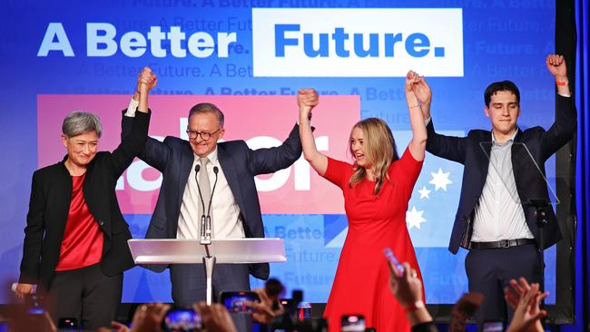 Federal Labor leader Anthony Albanese at his Labor party function at Canterbury Hurlstone Park RSL with Penny Wong on left, son Nathan on far right and partner Jodie Haydon 2nd from right. Picture: Sam Ruttyn