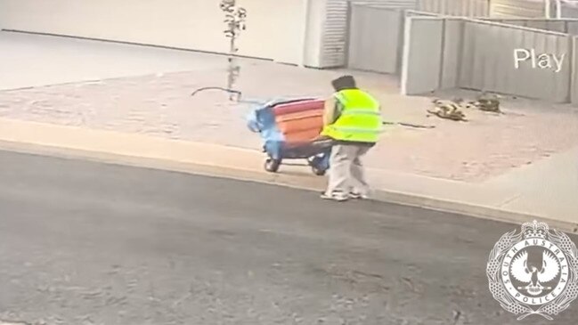 Police have released CCTV footage of a thief wheeling a dishwasher down the street after allegedly stealing it from a house under construction on the Yorke Peninsula. Picture: SAPOL