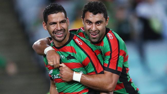 Cody Walker celebrates a try with Rabbitohs teammate Alex Johnston. Picture: Phil Hillyard