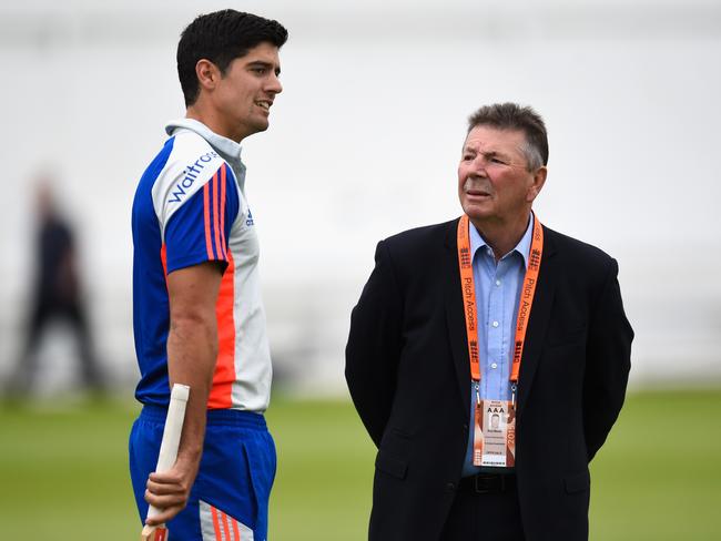 Alastair Cook and Rod Marsh shares a joke before the first Ashes Test in 2015 at Cardiff. Picture: Stu Forster/Getty Images