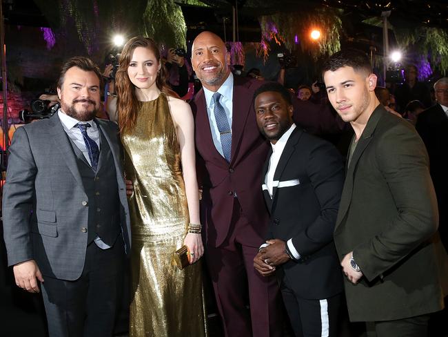 Gillan with co-stars (from left) Black, Johnson, Hart and Nick Jonas at the Hollywood premiere of Jumanji: Welcome to the Jungle. Picture: Phillip Faraone/Getty Images