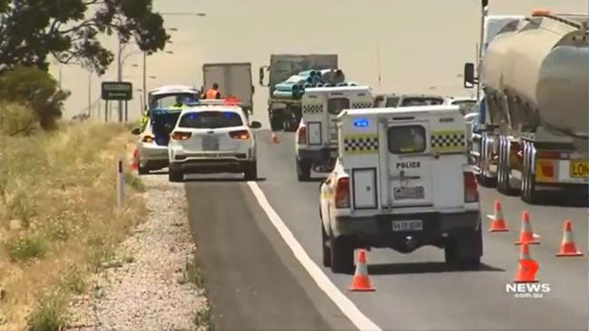 Traffic waits on the Sturt Highway, northeast of Gawler after a car crashed at Kingsford and came to rest in a ditch. Picture: 7NEWS