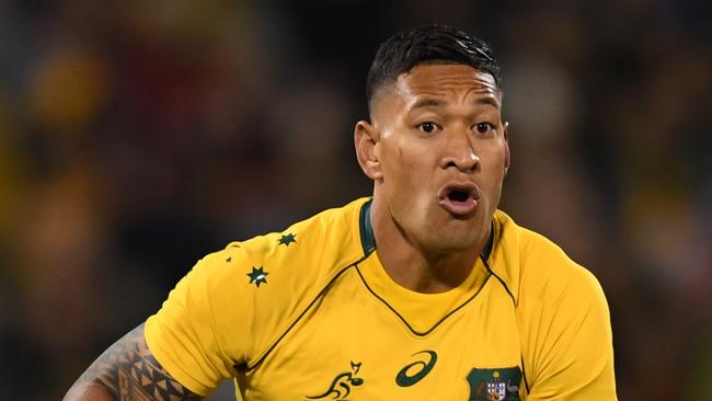 Israel Folau of the Wallabies in action during the Rugby Championship match between the Qantas Wallabies and the Argentina Pumas at GIO Stadium in Canberra, Saturday, September 16, 2017. (AAP Image/Lukas Coch) NO ARCHIVING, EDITORIAL USE ONLY