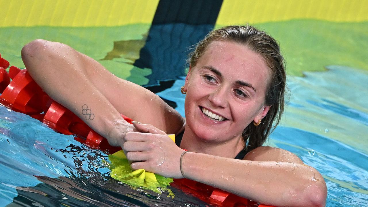 Ariarne Titmus after winning the 400m freestyle. Picture: Oli Scarff/ AFP
