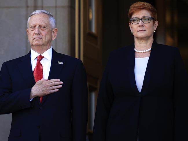 Secretary of Defence Jim Mattis and Australian Defence Minister Marise Payne spoke about North Korea. Picture: AP