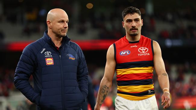 Crows coach Matthew Nicks with injured star Izak Rankine. Picture: Graham Denholm/AFL Photos via Getty Images