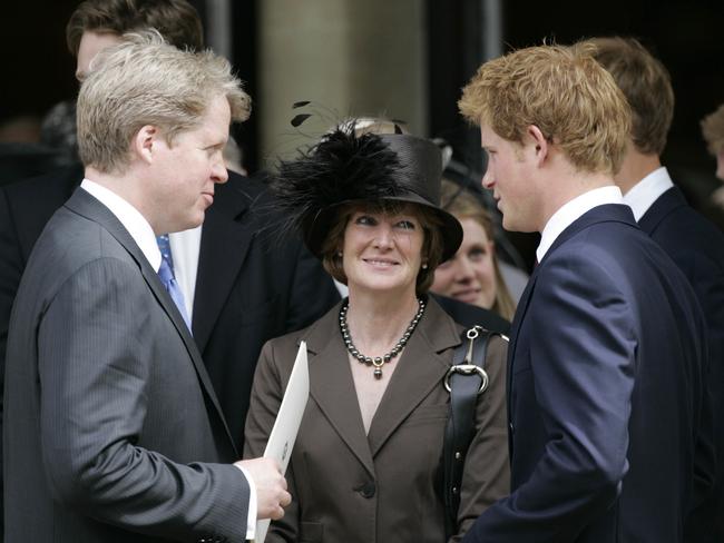 Lady Sarah McCorquodale, with Earl Spencer and Prince Harry in 2007, reportedly attended her great-niece’s christening. Picture: Anwar Hussein Collection/WireImage