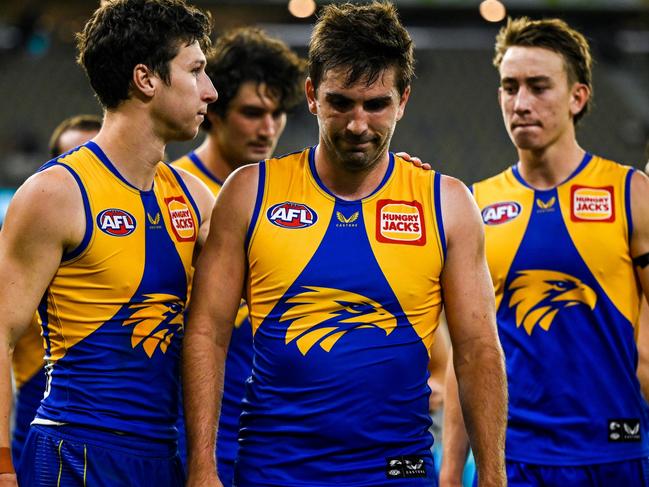 PERTH, AUSTRALIA - MARCH 20: Andrew Gaff of the Eagles looks dejected after a loss during the 2022 AFL Round 01 match between the West Coast Eagles and the Gold Coast Suns at Optus Stadium on March 20, 2022 In Perth, Australia. (Photo by Daniel Carson/AFL Photos via Getty Images)