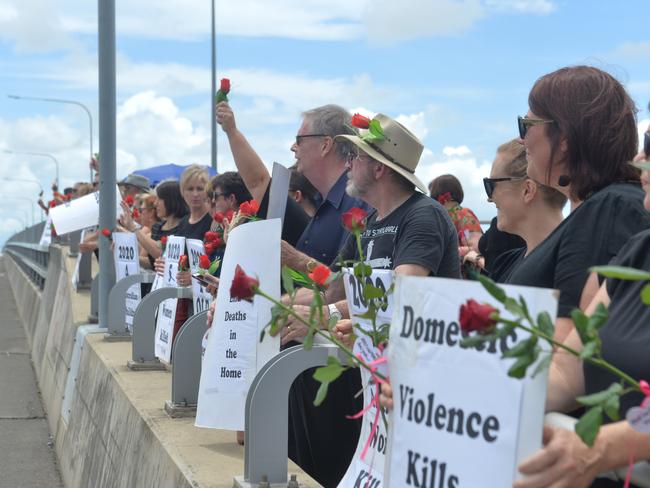 More than 40 domestic violence advocates gathered at the Bluewater Quay, Mackay, as part of a Red Rose Rally on Friday February 21. Photo: Zizi Averill