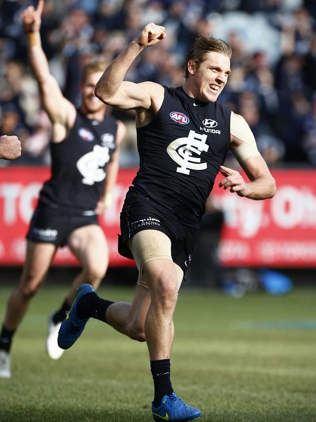 Tom Bell celebrates a goal during his time with Carlton. Picture: Wayne Ludbey