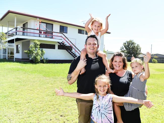 Andrew Allen and his young family beat a bunch of rival buyers to snap up 132 Westminster Ave, Golden Beach in January. Pictured with partner Avril Wilkes and children Neave, 3, Josie, 5 and Grace, 8. Picture: Patrick Woods.