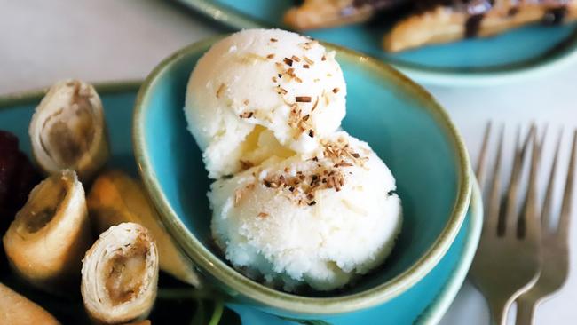 Coconut ice cream with fried banana spring rolls. Picture: Jenifer Jagielski