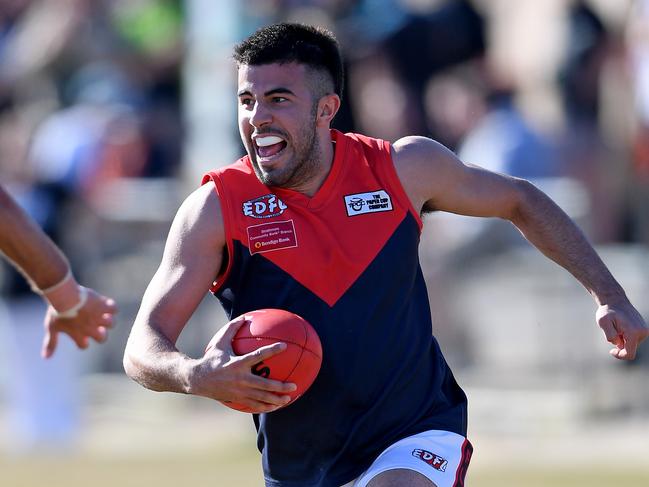 Steven Vocale in action during the EDFL football match between Airport West and Tullamarine in Greenvale, Saturday, Aug. 25, 2018.  Picture: Andy Brownbill