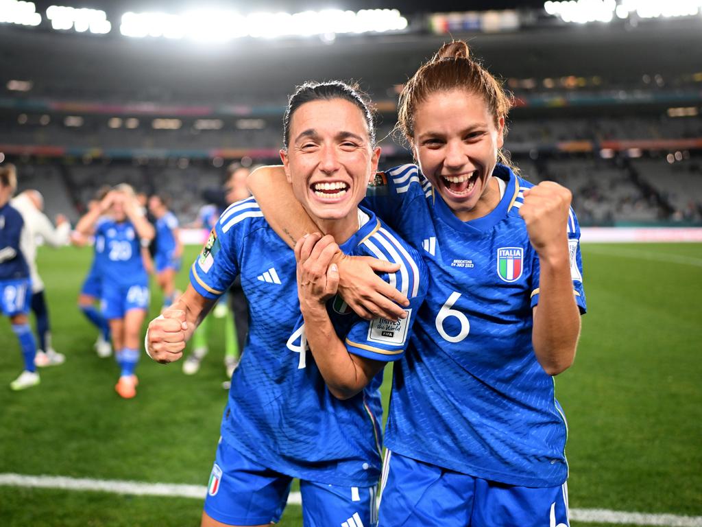Lucia Di Guglielmo and Manuela Giugliano of Italy celebrate their team's 1-0 victory against Argentina. Picture: Hannah Peters/Getty Images