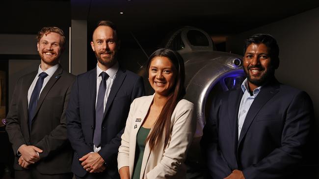 Young workers in the defence industry joined a panel at the Defending Australia dinner. From left: Matthew Rourke, Cameron Lobban, Lauren Hasselt and Mahasen Sooriyabandara. Picture: Dylan Coker