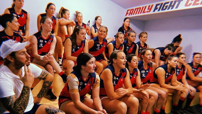 Coburg women's players listen to coach Liam Cavanagh. Picture: Dan Atamian.