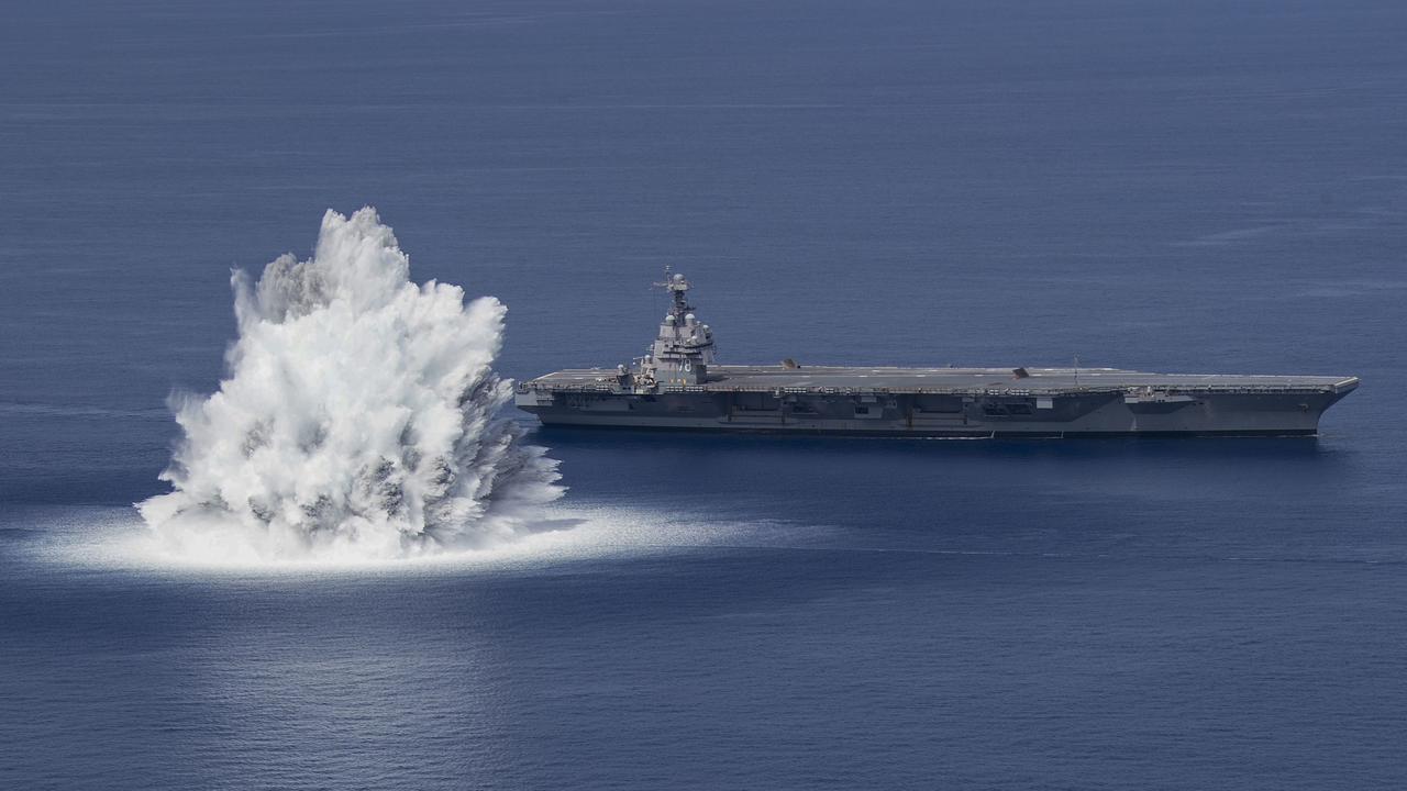 The USS Gerald R. Ford undergoes explosion shock-test trials earlier this year. Picture: United States navy