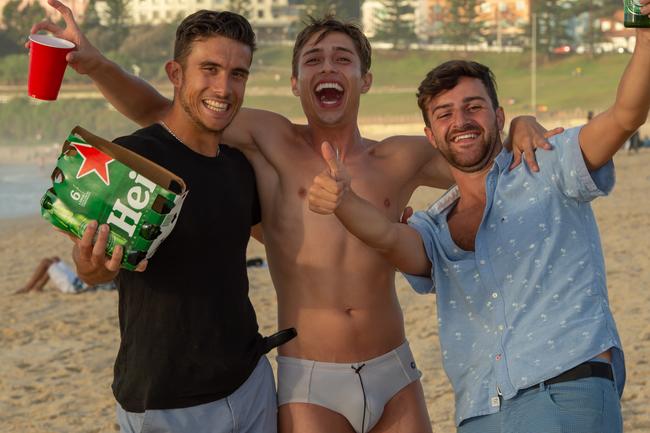 Lodois Gondran, 19, Aletandro Basti, 22, and Zinedine, 19, from France pictured at Bondi Beach. Picture: Monique Harmer