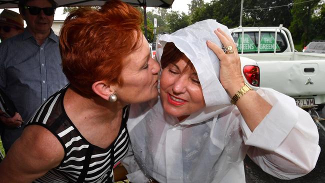 One Nation leader Senator Pauline Hanson and Bundamba MP Jo-Ann Miller together during campaigning in Ipswich on Tuesday. Picture: Darren England/AAP