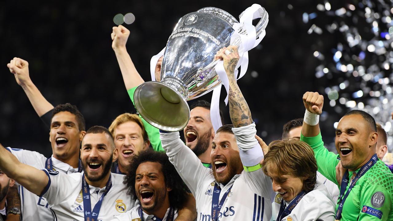 Sergio Ramos of Real Madrid lifts the trophy after the UEFA Champions League Final between Juventus and Real Madrid