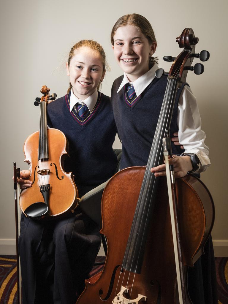 Sisters Audrey (left) and Ruby Reinhardt competed in solo string sections of the 77th City of Toowoomba Eisteddfod at Empire Theatres, Thursday, July 27, 2023. Picture: Kevin Farmer