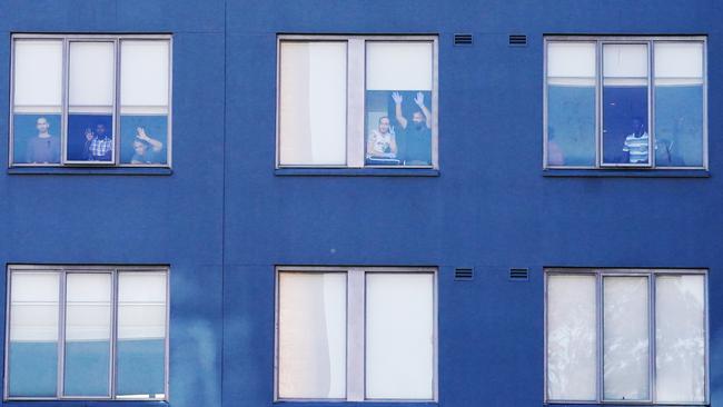 Asylum seekers protest inside the Mantra Hotel in Preston, Melbourne. They were previous detained on Manus Island. Picture: Michael Dodge/AAP