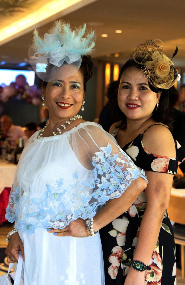 Gowns adorned by patrons at the Gympie RSL during the Melbourne Cup Races on November 7, 2023.