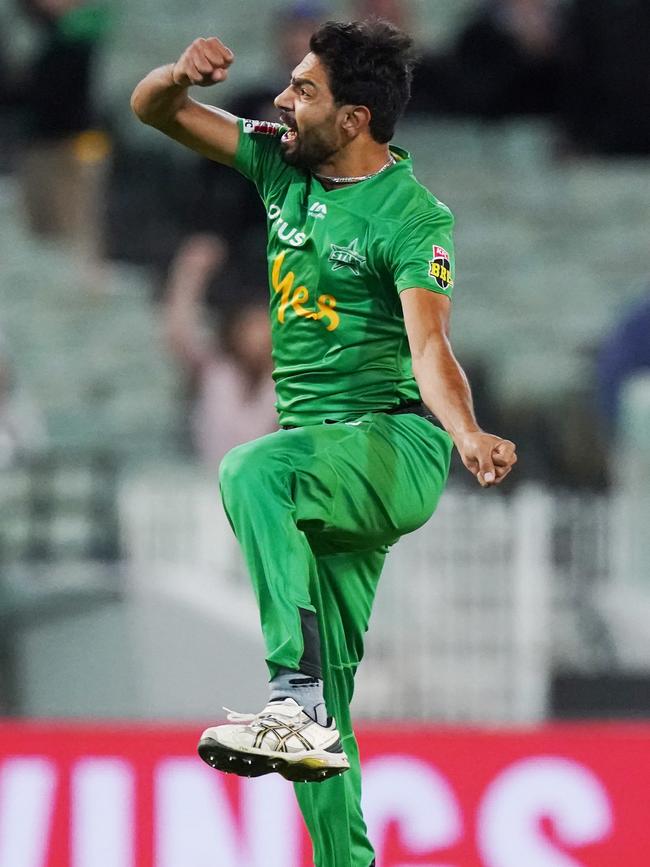 Haris Rauf of the Stars celebrates a wicket during the Big Bash League (BBL) cricket match between the Melbourne Stars and the Sydney Sixers at the MCG in Melbourne, Sunday, January 12, 2020. (AAP Image/Michael Dodge)