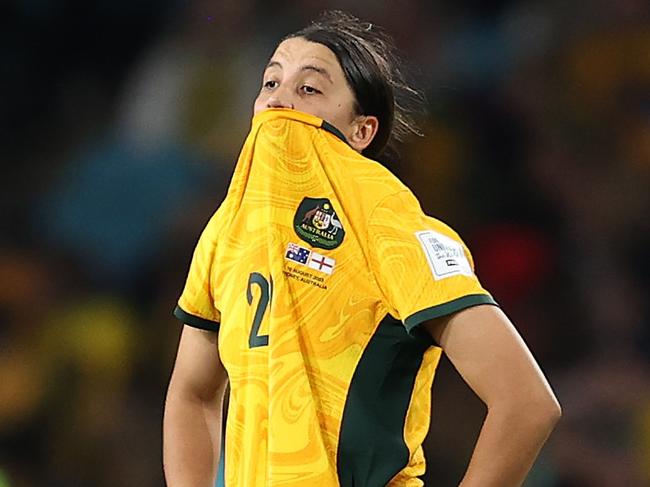 SYDNEY, AUSTRALIA - AUGUST 16: Sam Kerr of Australia reacts  during the FIFA Women's World Cup Australia & New Zealand 2023 Semi Final match between Australia and England at Stadium Australia on August 16, 2023 in Sydney, Australia. (Photo by Brendon Thorne/Getty Images)