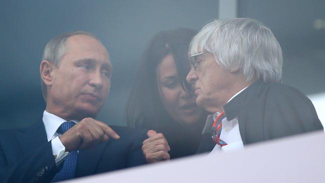 Vladimir Putin and Beernie Ecclestone at the Russian Grand Prix in Sochi in 2015. Picture: Dan Istitene/Getty Images