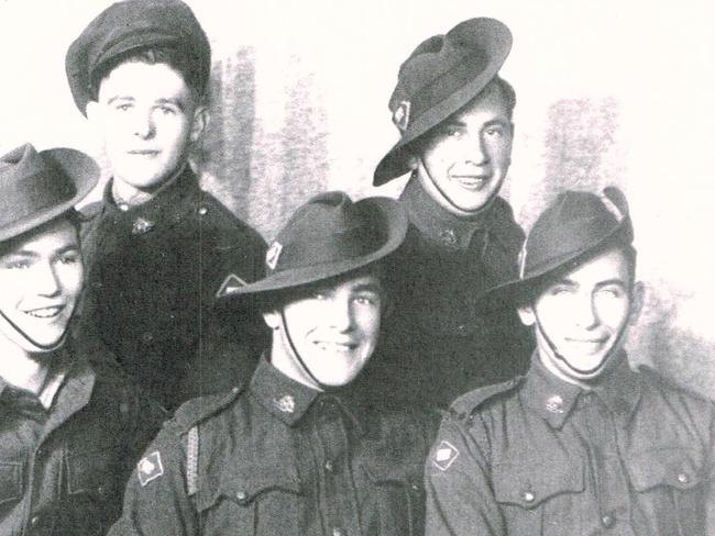 Young guns ... Archibald Fingher, back right, with his mates from the ‘Moonee Ponds Gang’. They all lied about their ages to enlist — he was 14, they were 17.