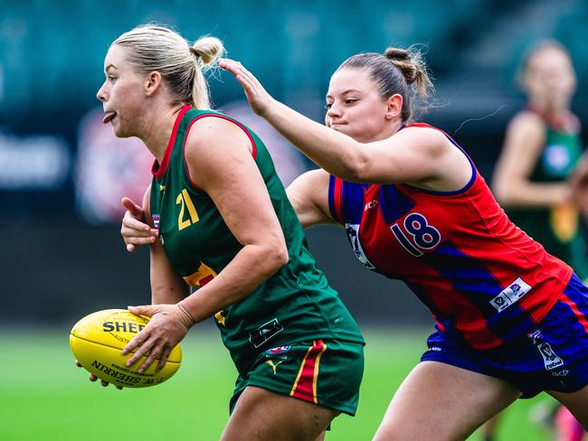 Tasmania Devils pathway player Georgia Hill in action at UTAS Stadium, Launceston against Port Melbourne. Picture: Linda Higginson/Solstice Digital