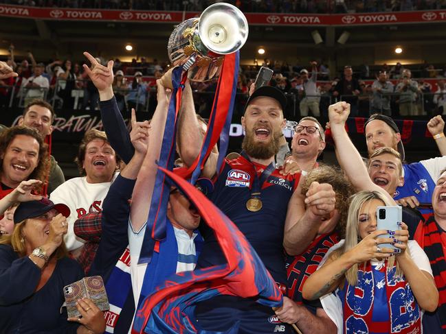 Skipper Max Gawn celebrates the victory with fans. Picture: Michael Klein