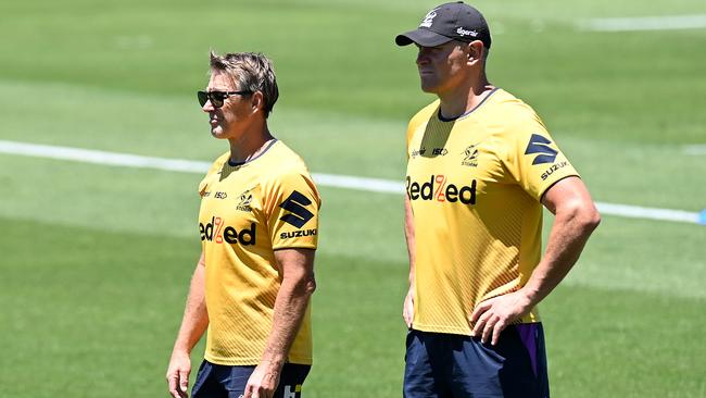 Craig Bellamy and Jason Ryles at Melbourne Storm training at Sunshine Coast Stadium in preparation for the NRL grand final Picture: Getty Images