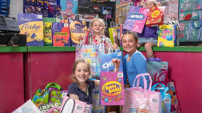 Sisters Harper 11, Matilda 7, Molly 5, and Evie 4, with some of the showbags on sale at the Royal Geelong Show. Picture: Brad Fleet