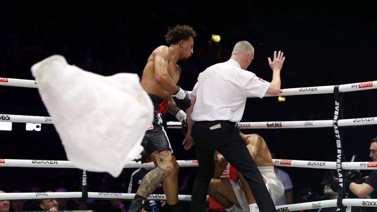 Referee Sean McAvoy stops the fight as the team of Khalid Graidia throw the towel in during the Light Heavyweight fight between Ben Whittaker and Khalid Graidia. Picture: Getty