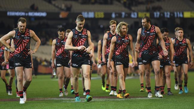 Essendon players after the loss to Richmond.