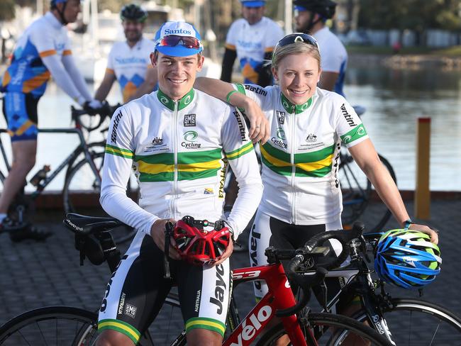 Alex and Annette Edmondson ride with Team Santos for Tour Down Under training last weekend. Picture: Dean Martin