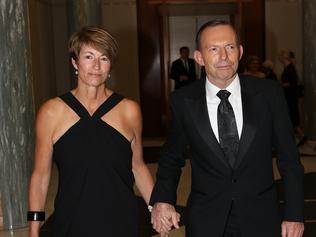 Job ID PD301884. The Prime Minister Tony Abbott with his wife Margie, wearing a Simona black evening dress, arrive for the Mid Winter Ball. Pic by Gary Ramage