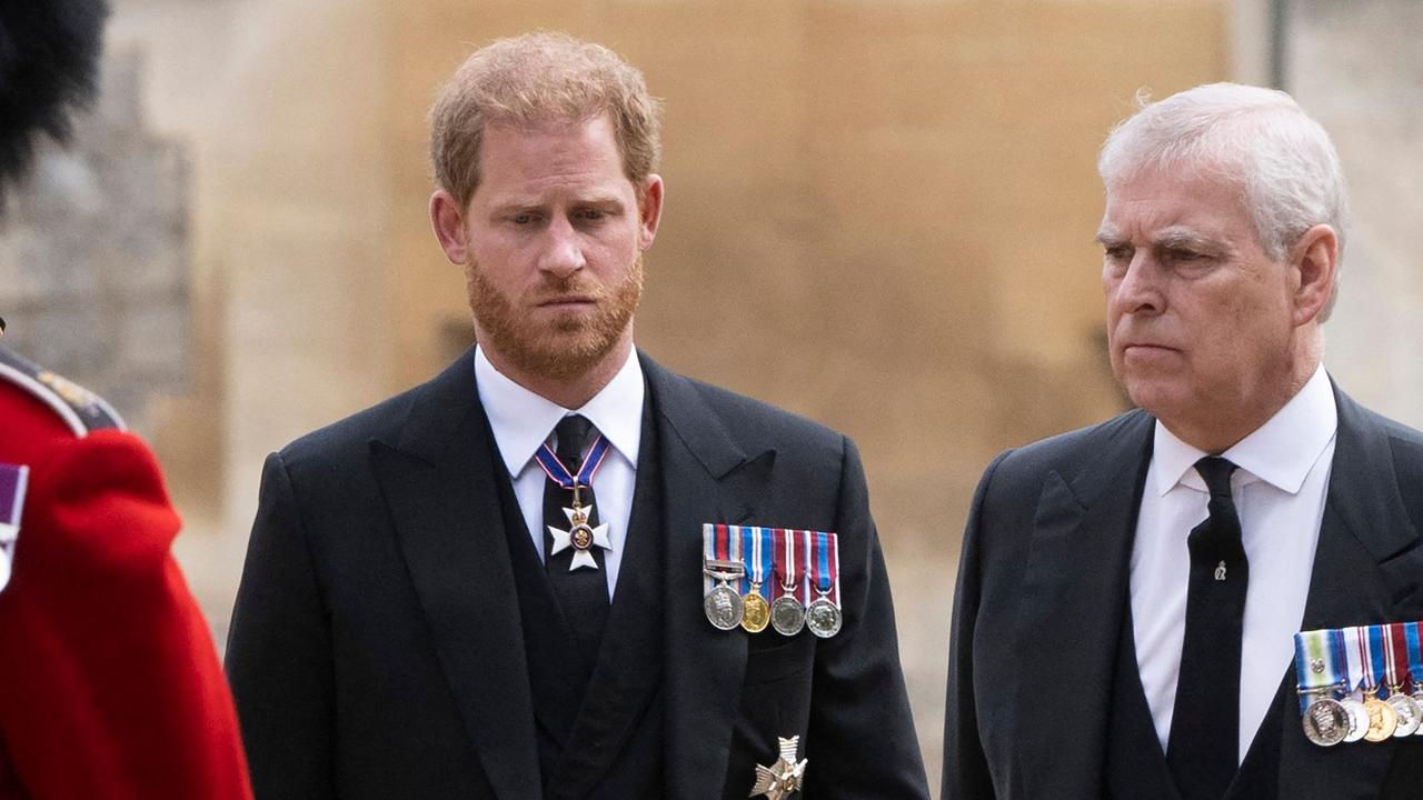 Harry and Andrew did not wear uniforms at the funeral. Picture: AFP.