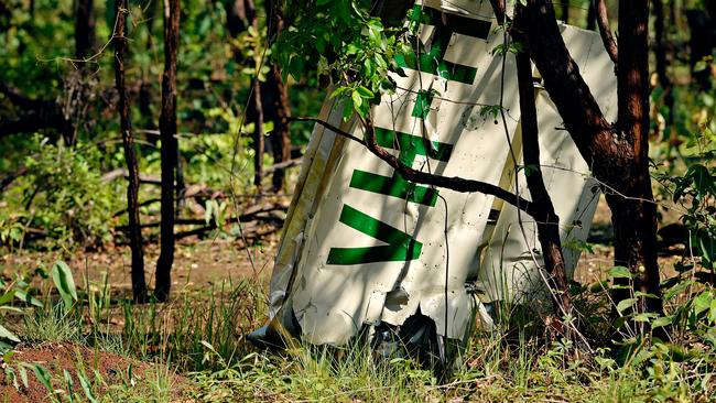 Part of a wing belonging to a Cessna 210 small plane that crashed off Gunn Point Road and killed both occupants. Picture: MICHAEL FRANCHI