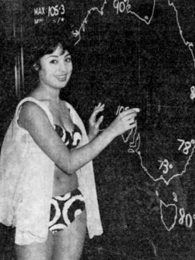 1966: Wills presenting the weather forecast in a bikini in January 1966.