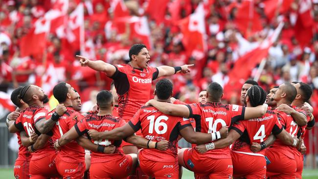 AUCKLAND, NEW ZEALAND - NOVEMBER 25: Jason Taumalolo of Tonga performs the cultural challenge during the 2017 Rugby League World Cup Semi Final match between Tonga and England at Mt Smart Stadium on November 25, 2017 in Auckland, New Zealand. (Photo by Phil Walter/Getty Images)