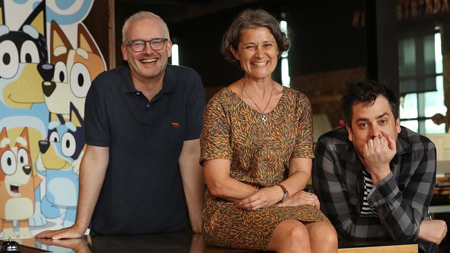 Charlie Aspinwall (Bluey co-founder and director), Sam Moor (line producer) and Daley Pearson (co-founder and director) at Ludo Studio. Picture: Lyndon Mechielsen